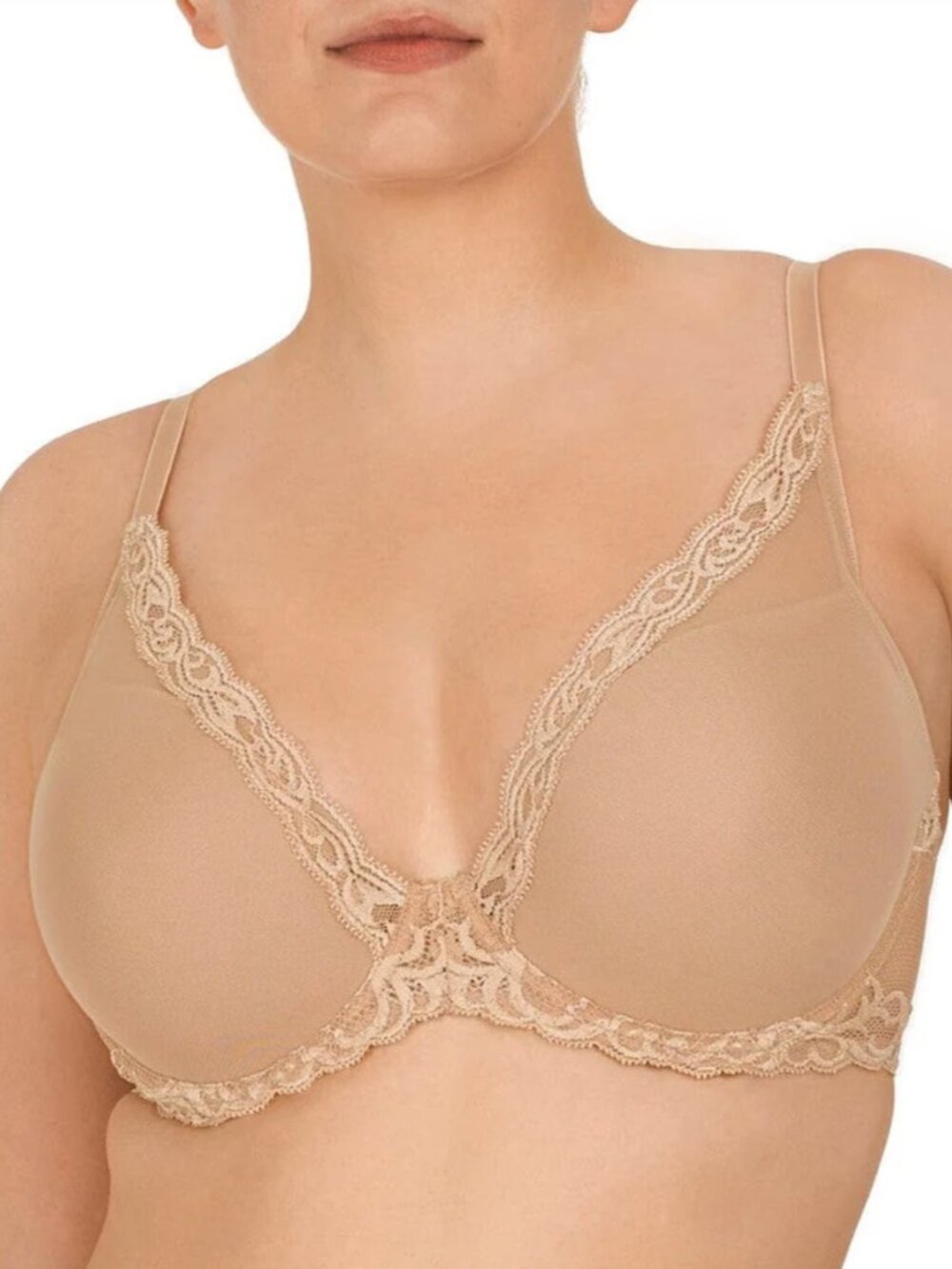 Natori 730023 Feathers Plunge T-Shirt Bra Underwire Lace 38DD Beige